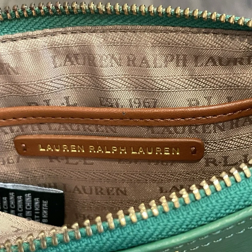 Lauren Ralph‎ Lauren Green Textured Leather Wristlet Gold Hardware Pouch Bag